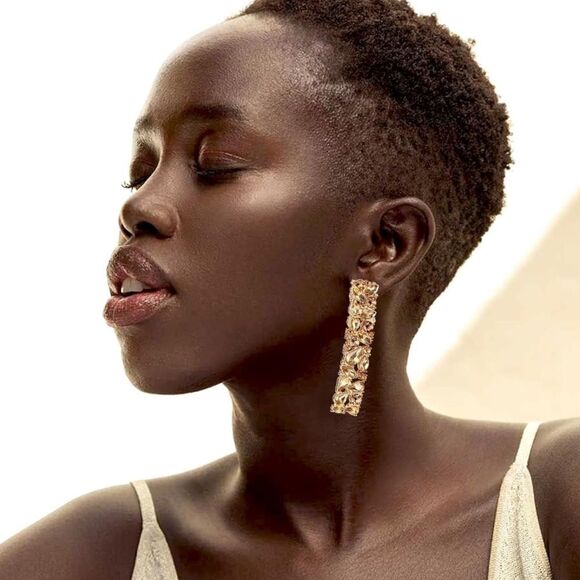 Yellow Gold with Champagne Topaz Crystal Geometric Rectangle Post Back Earrings - Picture 5 of 7